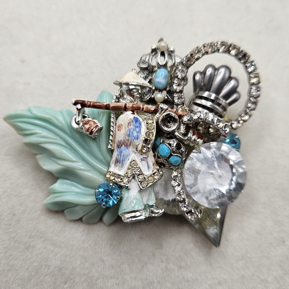 VINTAGE Upcycled Artisan Handcrafted Chinese Water Carrier Rhinestone Brooch Pin